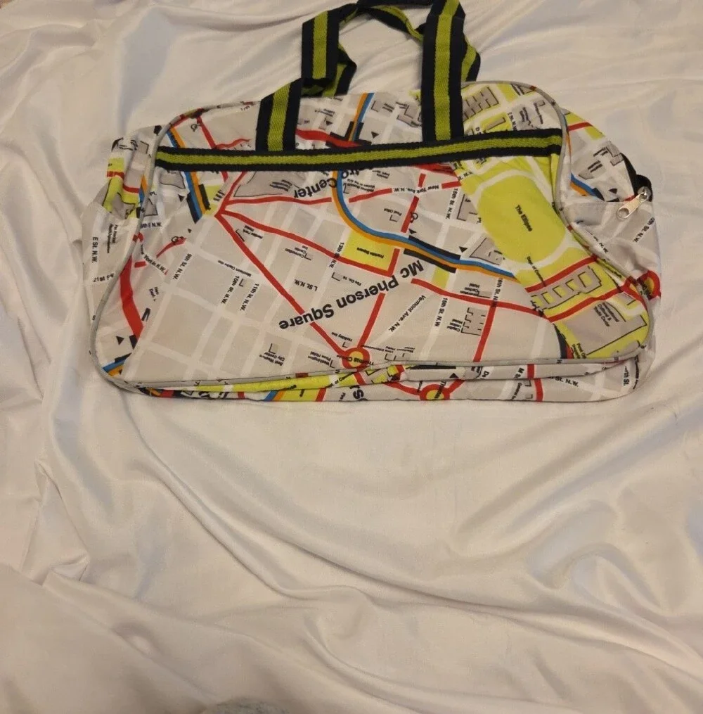Map-Print Travel Duffle Bag in White with Yellow and Black Trim Washingon Dc